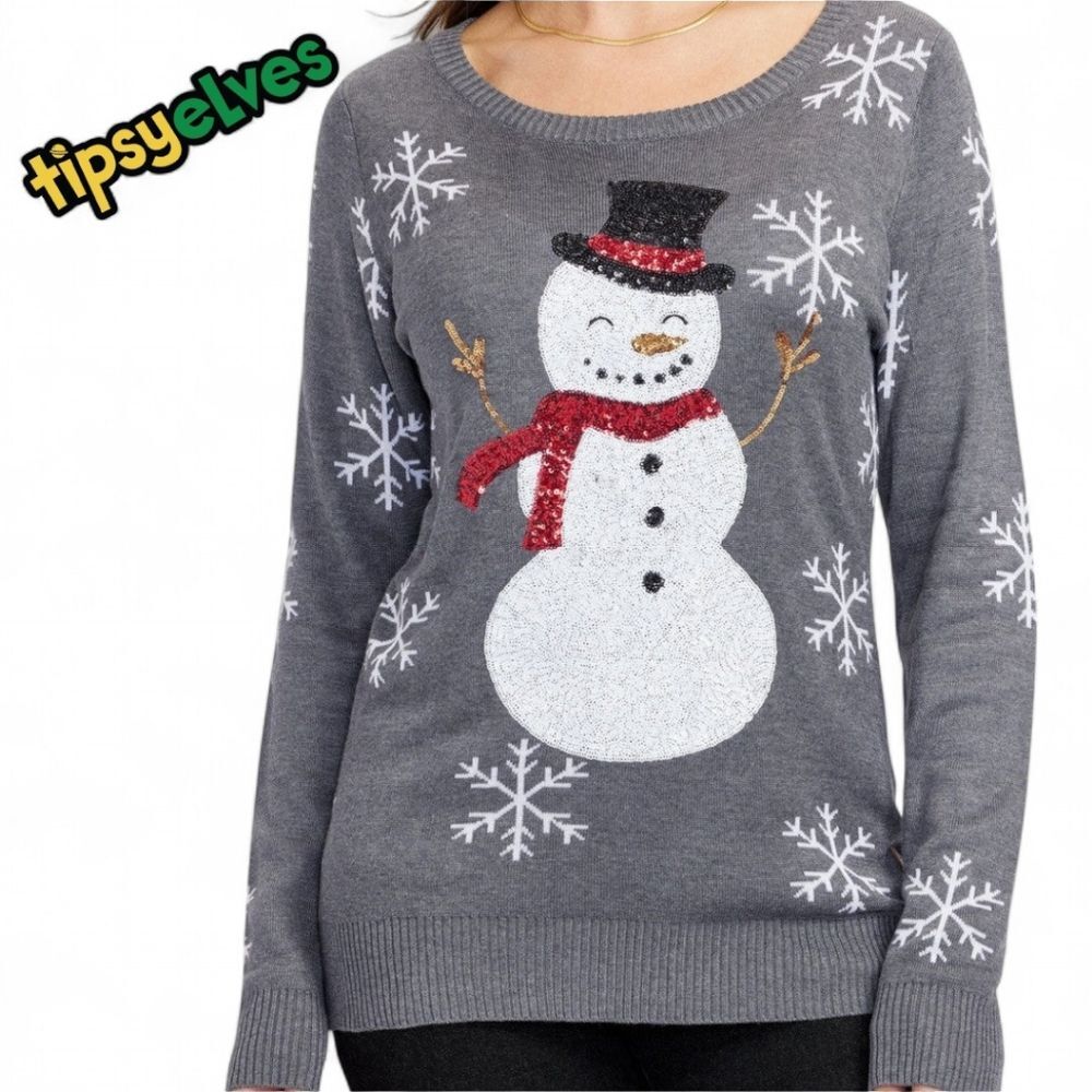 Sequined Snow Day Ugly Christmas Sweater Tipsy Elves Snowman Snowflake | Sz 1X